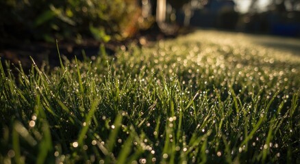 Close-up shot of vibrant green grass blades covered with morning dew in a sunny meadow