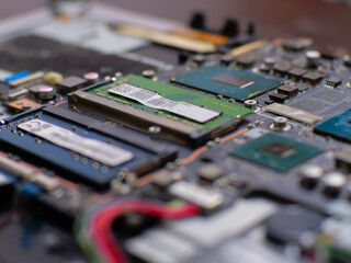 Motherboard with ram and processor showing its electronic components