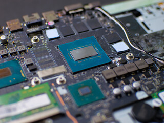 Fototapeta premium Laptop motherboard showing processor, ram and electronic components