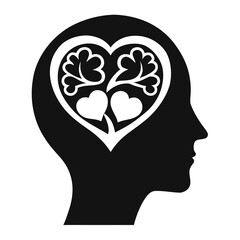 Silhouette of a human head with a heart shaped tree growing inside representing love and growth