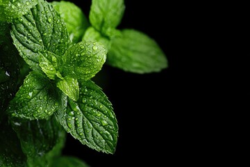Close-up of fresh, vibrant green mint leaves with water droplets against a black background