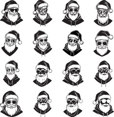 Stylized black and white Santa Claus bust illustration for holiday designs.