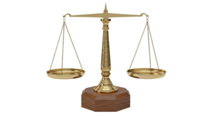 Isolated brass balance scale with wooden base, classic justice and law symbol stand