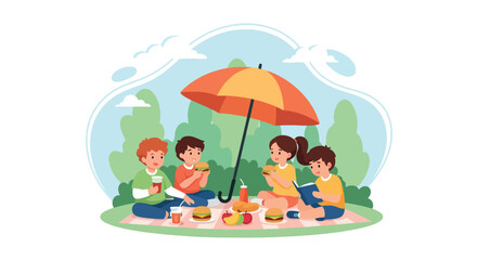 Flat style illustration of three girls having a picnic under an umbrella in the park, enjoying food, drinks, and conversation, symbolizing friendship, leisure, and outdoor fun