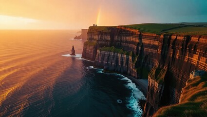 Cliffs of Moher at Sunset with Golden Light and Ocean Waves.
