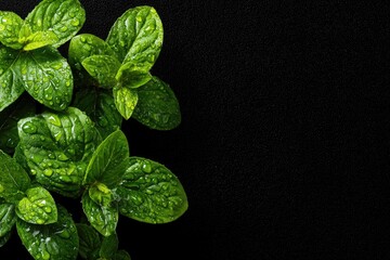 Close-up photo of fresh, vibrant green mint leaves with water droplets against black background