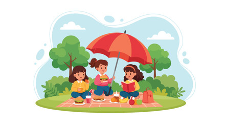 Flat style illustration of three girls having a picnic under an umbrella in the park, enjoying food, drinks, and conversation, symbolizing friendship, leisure, and outdoor fun