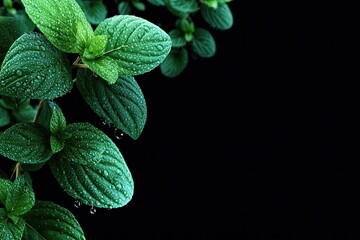 Close-up of fresh, vibrant green leaves covered in water droplets, against a deep black background
