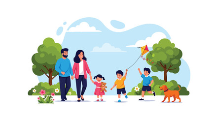 Flat style illustration of a happy family walking in the park with children flying a kite and a dog, symbolizing love, togetherness, outdoor fun, and healthy family lifestyle