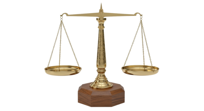 Isolated brass balance scale with wooden base, classic justice and law symbol stand