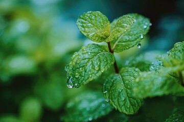 Lush green plant with water droplets, close-up against a soft-focus background