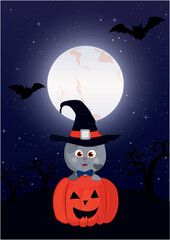 Vector illustration - Halloween greeting card with a little cat wearing a witch's hat and standing over a large pumpkin while a big moon is visible in the sky in the background.