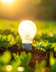 Glowing lightbulb shines brightly, set against sunlit field
