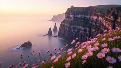 Cliffs of Moher Ireland at Sunrise with Wildflowers.