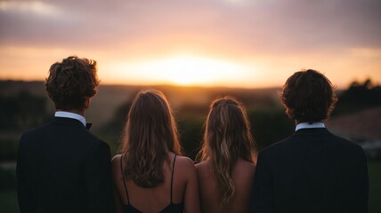 Four silhouetted figures at dusk, evoking Prom Night nostalgia and Mabon blessings, gaze into a mesmerizing sunset