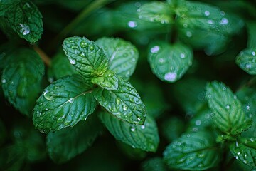 Close-up photograph of vibrant, wet, green leaves with water droplets, a natural aesthetic