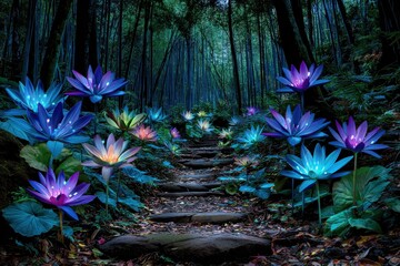 Enchanting pathway in a mystical bamboo forest filled with glowing flowers under twilight skies