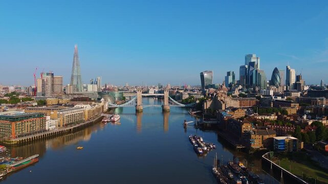 London Skyline Aerial Cityscape Flythrough Over River Thames Towards Tower Bridge