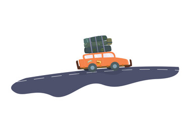 Orange Car with Luggage on a Camping Road Trip with a White Background.