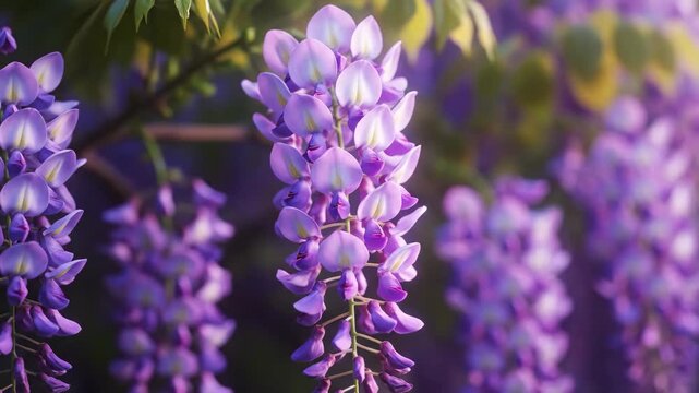 Stunning Close-Up of Wisteria Flowers Swaying Gently in the Breeze
