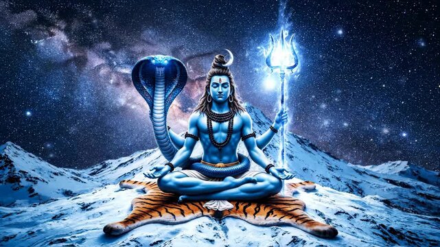 Shiva god meditating in lotus pose on mountain with cobra and glowing trident under starry night, spiritual worship footage