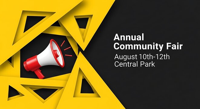 Annual community fair announcement with megaphone and yellow triangle shapes on black background