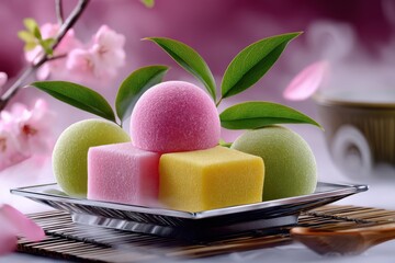 Delightful display of colorful sweets on a decorative plate surrounded by cherry blossoms