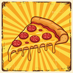 Retro illustration of a cheesy pepperoni pizza slice with melted cheese on a vintage sunburst background, ideal for restaurant branding, food advertising, or menu design