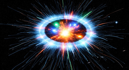 Energetic cosmic explosion radiates blue and orange light against a black background.