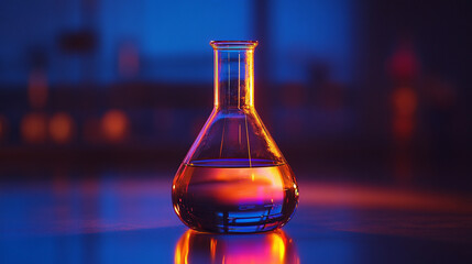 A laboratory flask on a minimal table with a soft glow symbolizing discovery innovation and careful experimentation representing the quiet moment before scientific breakthrough