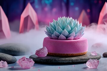 Delicate dessert with pastel colors featuring a floral design on a stone setting in an ethereal scene