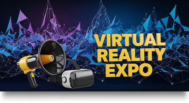 Virtual reality expo advertisement with vr headset and yellow megaphone on abstract background
