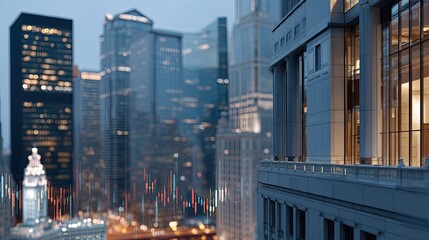 Fototapeta premium Financial data visuals overlay a city skyline at dusk, highlighting market growth along the waterfront as day transitions to night
