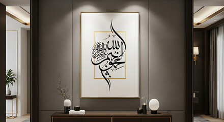 A framed arabic calligraphy art piece hanging above a dark brown console table in a modern room