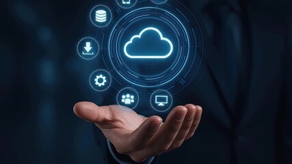 Cloud computing technology with digital icons floating above hand representing cyber security data protection network internet safety concept for secure digital network connection and storage - Powered by Adobe