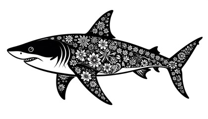 Obraz premium A striking, floral patterned illustration of a great white shark in black and white, with detailed flower patterns filling the body