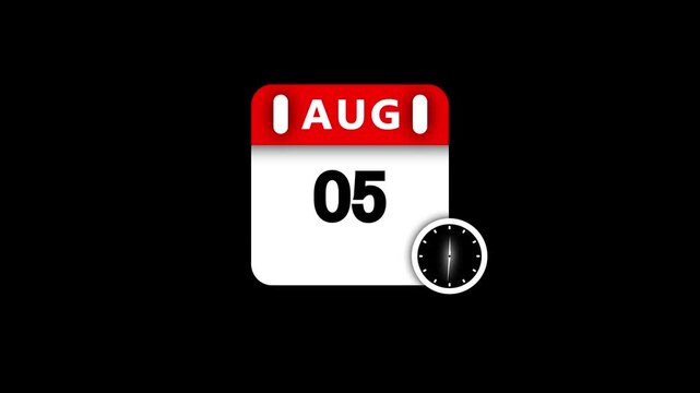 August 5th Calendar Page with Clock Icon on Black Background fifth date