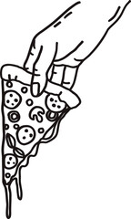 Whimsical hand holding pizza slice line art doodle. Whimsy pepperoni italian fast food. Vector outline illustration