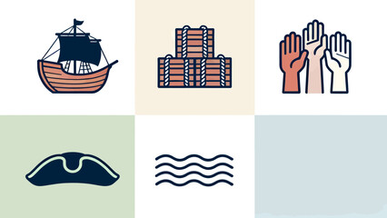 Naklejka premium Historical icon set vector illustration featuring various symbols including a sailing ship, tea chests, raised hands, colonial hat, and ocean waves.