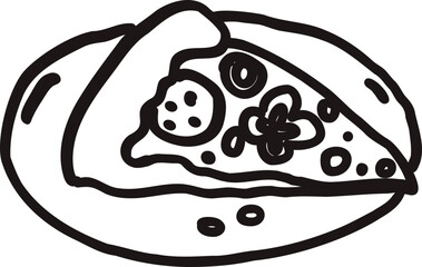 Whimsical pizza slice on plate line art doodle. Whimsy pepperoni italian fast food. Vector outline illustration