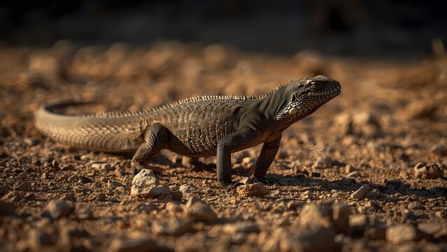 Majestic ctenosaura lizard basking in natural light on arid and rocky terrain