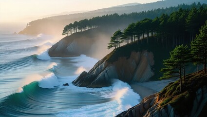 Coastal Cliffs and Ocean Waves Under the Morning Sun.