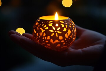 Hand holding a candle in a decorative candle holder