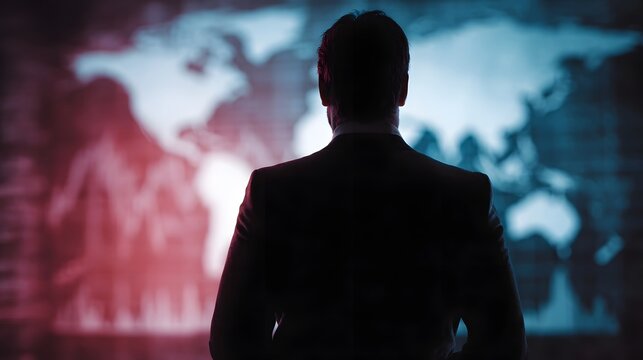 Silhouette of a businessman viewing a glowing world map and data charts suggesting global strategy and analysis