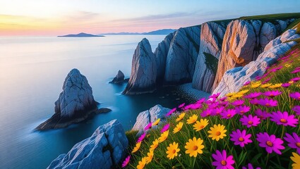 Coastal Cliffs and Colorful Flowers at Sunset.
