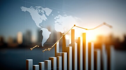 Rising bar graphs illustrate financial growth against a world map and a bright sunrise over a city skyline