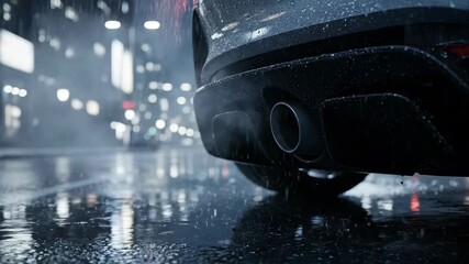 Car exhaust pipe emitting white smoke during rain against blurred city lights, environmental pollution problem concept.
