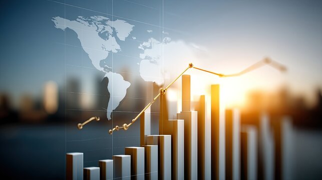 Rising bar graphs illustrate financial growth against a world map and a bright sunrise over a city skyline