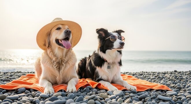 Two dogs wearing sunglasses and hat on a beach towel - Powered by Adobe