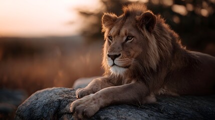 Obraz premium Majestic lion resting on a rock at sunset in the African savanna